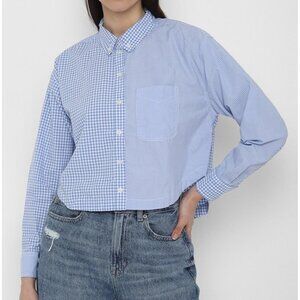 American Eagle Cropped Blue Gingham Button-Down Cotton Shirt Size M